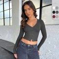 Women's Ribbed Knit Cardigan V-Neck Button Down Long Sleeve Crop Top Y2K Sexy Slim Fit Brushed Viscose T-Shirt Streetwear Casual Basic Tee