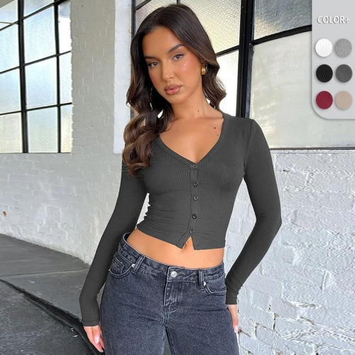 Women's Ribbed Knit Cardigan V-Neck Button Down Long Sleeve Crop Top Y2K Sexy Slim Fit Brushed Viscose T-Shirt Streetwear Casual Basic Tee