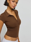 Women's Slim Fit Polo Collar T-Shirt Short Sleeve Button Up Crop Top Ribbed Knit Sexy Solid Color Basic Sporty Tee for Summer Streetwear Daily Casual