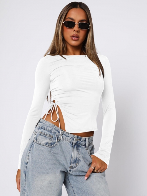 Women's Sexy Y2K Long Sleeve T-Shirt Slim Fit Polyamide Spandex Knitted Top With Drawstring Cutout Detail For Daily Party Streetwear