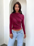 Women's Mock Neck Ruched Slim Fit T-Shirt Long Sleeve Coral Velvet Top Elegant Solid Color Streetwear Sexy Base Layer For Women Autumn Winter
