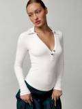Elegant Ribbed Polo Neck Long Sleeve T-Shirt For Women Slim Fit V-Neck Button Down Knit Top For Daily Casual Commuter Autumn