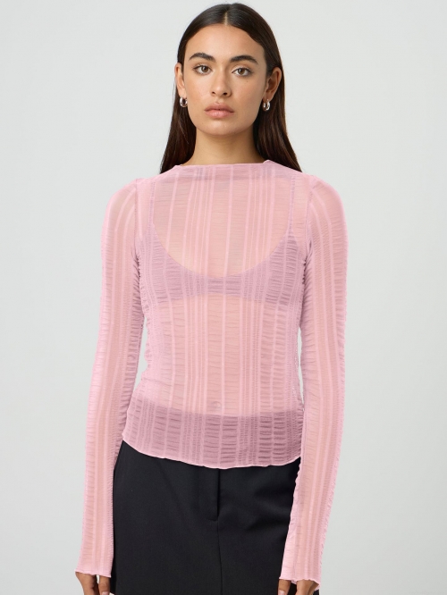 Women Sexy Mesh Sheer Long Sleeve T-Shirt Vertical Ribbed Texture See Through Slim Fit Crew Neck Clubwear Top Polyester Mesh Blouse For Women Streetwear