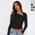 Women's Asymmetric Neck Long Sleeve Slim Fit Tee Elegant Solid Color Knit Top For Commuting Office Wear High Elastic Polyester Cotton Blend Basic T-Shirt Modern Aesthetic Blouse