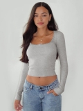 Women's Sexy Square Neck Lace Trim Long Sleeve T-shirt Slim Fit Ribbed Knit Crop Top Y2K Aesthetic Viscose Base Shirt
