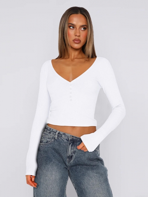 Women's Sexy V Neck Button Front Ribbed Knit Crop Top Long Sleeve Slim Fit Solid Color Casual Viscose Blend T-Shirt Top