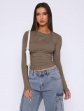Women Y2K Sexy Slim Fit Crop Top Long Sleeve Viscose Ruched T-Shirt With Irregular Neck Solid Color Casual Top For Lady Party Date Outwear