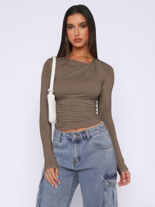 Women Y2K Sexy Slim Fit Crop Top Long Sleeve Viscose Ruched T-Shirt With Irregular Neck Solid Color Casual Top For Lady Party Date Outwear