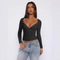 Women's Sexy Ruched Long Sleeve T-Shirt Slim Fit Nylon Spandex Heart V Neck Top Y2K Minimalist Mature Style Blouse Daily Party Dating Streetwear