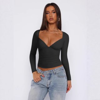 Women's Sexy Ruched Long Sleeve T-Shirt Slim Fit Nylon Spandex Heart V Neck Top Y2K Minimalist Mature Style Blouse Daily Party Dating Streetwear
