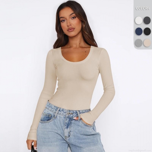 Women's Ribbed Knit T-Shirt Slim Fit Long Sleeve U Neck Solid Color Basic Layering Top Soft Stretchy Casual Tee For Women Daily Wear Y2K Style