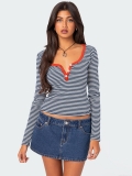Women's Striped Henley T-Shirt Long Sleeve Contrast Color Knit Top Slim Fit Y2K Aesthetic Ribbed Casual Tee For Daily Wear Cotton Viscose Blend