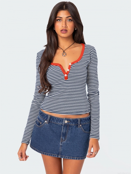 Women's Striped Henley T-Shirt Long Sleeve Contrast Color Knit Top Slim Fit Y2K Aesthetic Ribbed Casual Tee For Daily Wear Cotton Viscose Blend