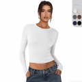 Women Slim Fit Long Sleeve T-Shirt Solid Color Round Neck Crop Top Nylon Spandex Y2K Streetwear Casual Base Layer Top for Women