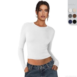 Women Slim Fit Long Sleeve T-Shirt Solid Color Round Neck Crop Top Nylon Spandex Y2K Streetwear Casual Base Layer Top for Women