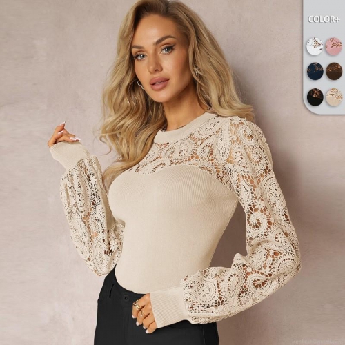 Women Elegant Lace Splicing Long Sleeve T-Shirt Viscose Rib Knit Hollow Out Crew Neck Blouse Top For Office Party Lady