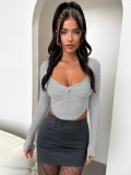 Women Sexy Heart Neck Twist Knot Ribbed Knit Long Sleeve Crop Top Y2K Slim Fit Solid Color T-Shirt Streetwear Clubwear Party Clothing