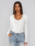 Y2K Women's Sexy V-Neck Long Sleeve Polyester Spandex Ribbed Knit T-Shirt Slim Fit Solid Color Basic Base Layer Top Women Fashion Casual Pullover