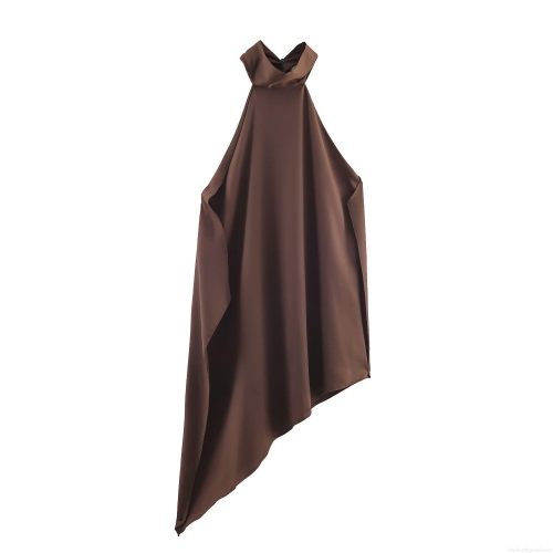 Sexy Backless Halter Top Women Asymmetric Hem Satin Sleeveless T-Shirt Dark Brown Crinkled Top For Summer Party Clubwear