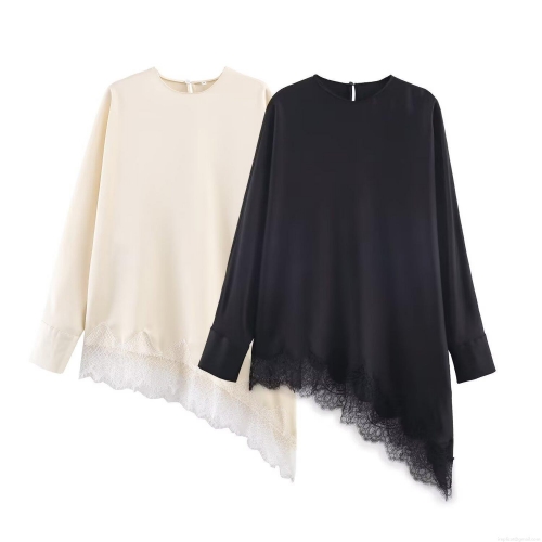 Women Asymmetric Lace Patchwork Satin Long Sleeve T-Shirt Casual Round Neck Pullover Silk Texture Loose Blouse Top For Women