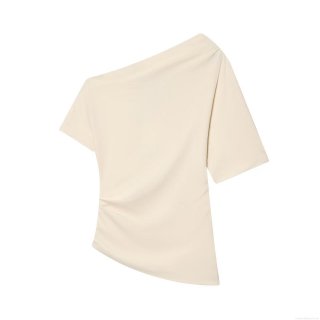 Women Asymmetric Slanted Neck T-Shirt Polyester Spandex Pleated Ruffles Slim Fit Short Sleeve Casual Top Off-Shoulder Cream White Fashion Shirt