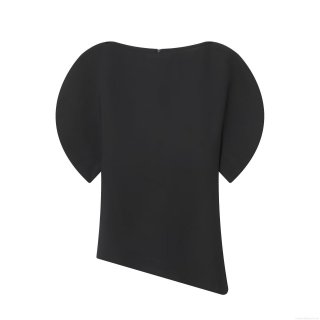 Women's Elegant Asymmetric Hem Puff Sleeve T-Shirt Solid Color Polyester Spandex Blend Short Sleeve Top With Hidden Zipper Back For Daily Party Wear