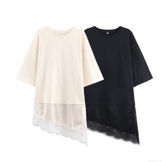 Women's Casual Loose T-Shirt With Lace Patchwork Asymmetric Hem Short Sleeve Round Neck Polyester Satin Trim Tunic Top For Daily Wear