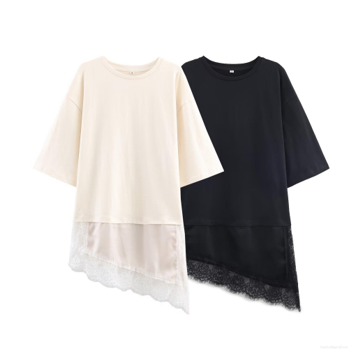 Women's Casual Loose T-Shirt With Lace Patchwork Asymmetric Hem Short Sleeve Round Neck Polyester Satin Trim Tunic Top For Daily Wear