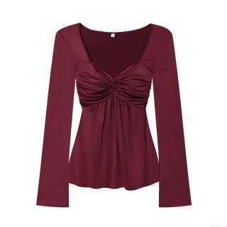 Women's Slim Fit V-Neck Long Sleeve T-Shirt Ruched Twist Front Milk Silk Polyester Spandex Top For Casual Daily Wear Youth Ladies