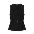 Women's Elegant Sleeveless Top With Metal Buckle Belt Draped Neck Polyester Spandex Fashion Commute Vest Black Slim Fit Solid Blouse
