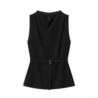 Women's Elegant Sleeveless Top With Metal Buckle Belt Draped Neck Polyester Spandex Fashion Commute Vest Black Slim Fit Solid Blouse