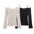 Women Off-Shoulder Long Sleeve T-Shirt Lace Trim Ribbed Knit Slim Fit Sexy Slash Neck Patchwork Top Elegant Pure Desire Style Tee For Daily Dating Party Women Fashion