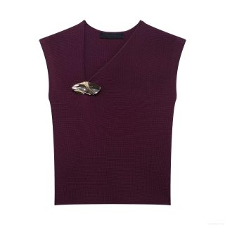 Women's Elegant Sleeveless Knit Top With Gold Metal Buckle Slim Fit V-Neck Pullover Tank Top For Office Daily Commuting Casual Wear