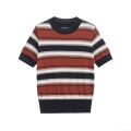 Women Striped Knitted T-Shirt Mercerized Cotton Round Neck Short Sleeve Pullover Casual Loose Fit Top For Summer Daily Wear Fashionable Breathable Comfortable Ladies Tee