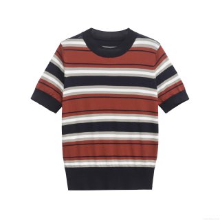 Women Striped Knitted T-Shirt Mercerized Cotton Round Neck Short Sleeve Pullover Casual Loose Fit Top For Summer Daily Wear Fashionable Breathable Comfortable Ladies Tee