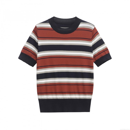 Women Striped Knitted T-Shirt Mercerized Cotton Round Neck Short Sleeve Pullover Casual Loose Fit Top For Summer Daily Wear Fashionable Breathable Comfortable Ladies Tee