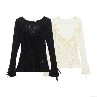 Women's V-Neck Lace Top French Retro Ruffle Long Sleeve Blouse With Bow Tie Cuffs Polyester Spandex Solid Color Elegant Celebrity Style Spring Autumn Apparel