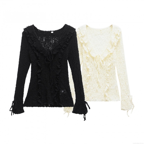 Women's V-Neck Lace Top French Retro Ruffle Long Sleeve Blouse With Bow Tie Cuffs Polyester Spandex Solid Color Elegant Celebrity Style Spring Autumn Apparel