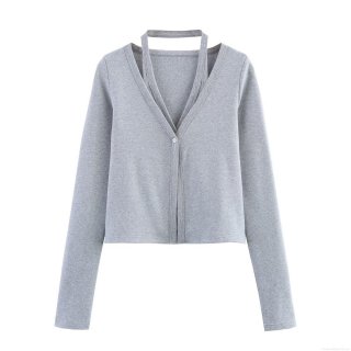 Women's Fashion Halter Neck Knit T-Shirt V-Neck Long Sleeve Fake Two-Piece Top Casual Solid Color Cotton Blend Layered Outerwear For Daily Wear Minimalist Style Slim Fit Grey