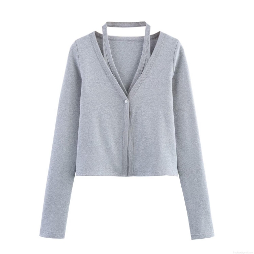 Women's Fashion Halter Neck Knit T-Shirt V-Neck Long Sleeve Fake Two-Piece Top Casual Solid Color Cotton Blend Layered Outerwear For Daily Wear Minimalist Style Slim Fit Grey