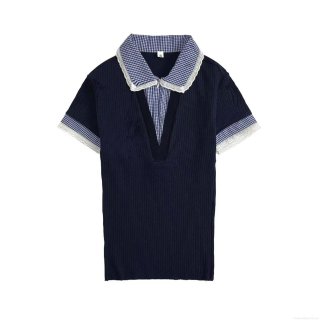 Women's Ribbed Knit T-Shirt Short Sleeve Polo Top With Plaid Lace Trim Lapel Collar Casual Summer Patchwork Contrast Pullover For Daily Wear