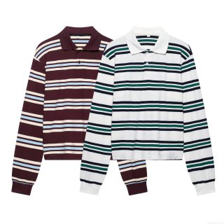 Women's Striped Long Sleeve Polo Shirt Contrast Color Knit Top Preppy Style Casual Pullover For Spring Autumn Ladies Clothing
