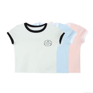 Women's Ribbed Knit Crop Top Short Sleeve Ringer T-Shirt Vintage Sports Tournament Print Round Neck Casual College Style Slim Fit Summer Tee