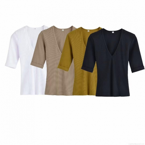 Women's V-Neck Short Sleeve T-Shirt Slim Fit Ribbed Knit Polyester Spandex Basic Solid Color Top Casual Summer Stretchy Tee For Ladies