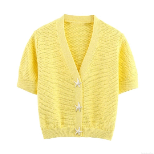 Women's Summer Short Sleeve Knitted Cardigan V Neck Starfish Button Detail Casual Knit Top Honeycomb Texture Breathable Tee For Women Beach Vacation Style