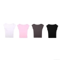 Women Ribbed Knit Crop Top Sexy Boat Neck Short Sleeve Slim Fit T-Shirt Casual Solid Color Summer Tee Shirt For Women