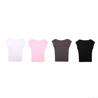 Women Ribbed Knit Crop Top Sexy Boat Neck Short Sleeve Slim Fit T-Shirt Casual Solid Color Summer Tee Shirt For Women