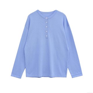 Women Henley Neck Long Sleeve Knitted T-Shirt Polyester Loose Solid Color Button Front Top Casual Simple Soft Lightweight Spring Autumn Apparel