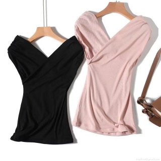 Women's Cross Front V Neck T-Shirt Ribbed Lyocell Spandex Knit Slim Fit Short Sleeve Top Elegant Commuter Solid Color Summer Breathable Tee For Women