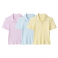 Women's Short Sleeve Ribbed Knit Polo Shirt With Rhinestone Gemstone Collar Casual Sweet Solid Color Summer Blended Tops For Ladies